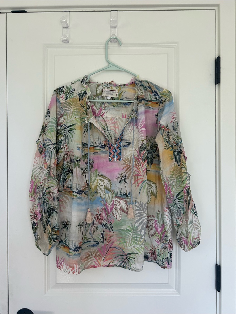 JOHNNY WAS size S Cathryn Blouse Raffia Print Tassel Ties Ruffled Top 46" B